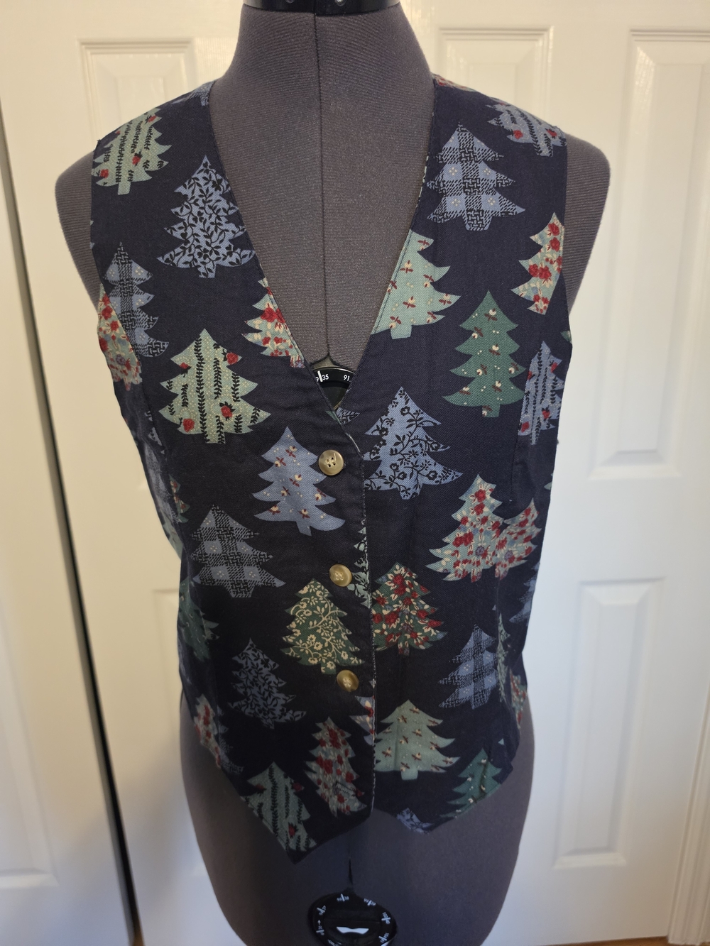 Navy Festive Christmas Tree Print Vest - Button Front Tunic